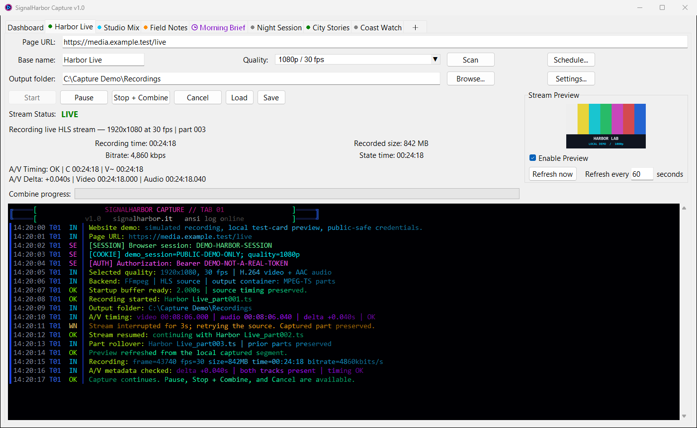 SignalHarbor Capture recording tab showing a test-card preview, progress metrics, and color-coded simulated logs.