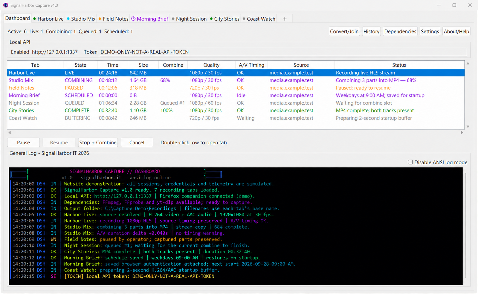 SignalHarbor Capture v1.0 dashboard with simulated recording, schedule, and combine states.