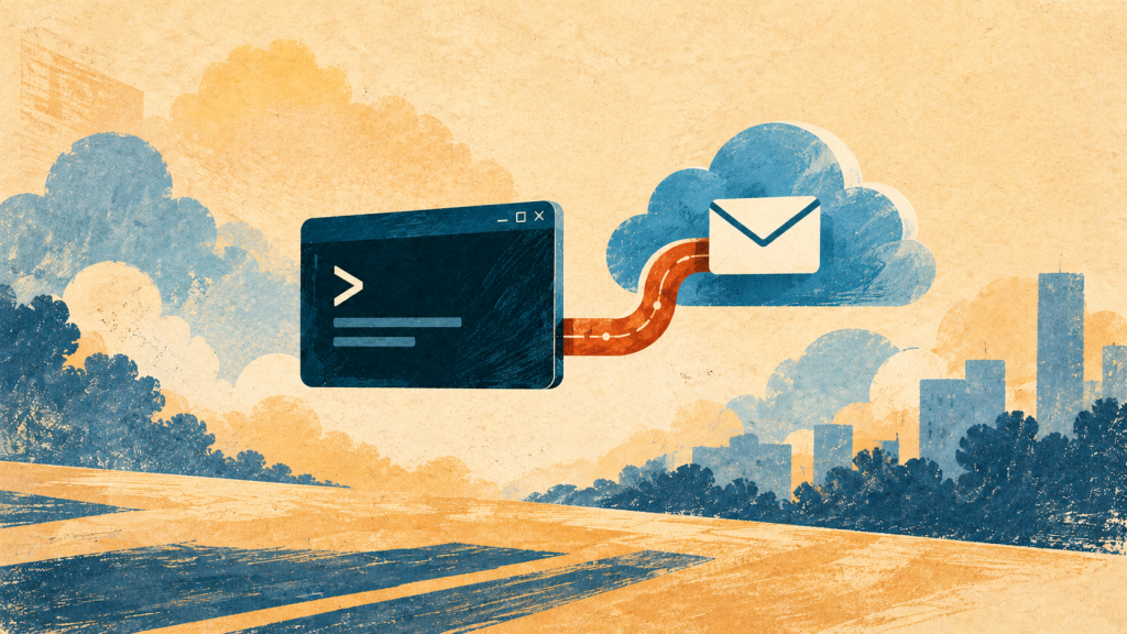 Illustrated command window connected to a cloud mailbox.